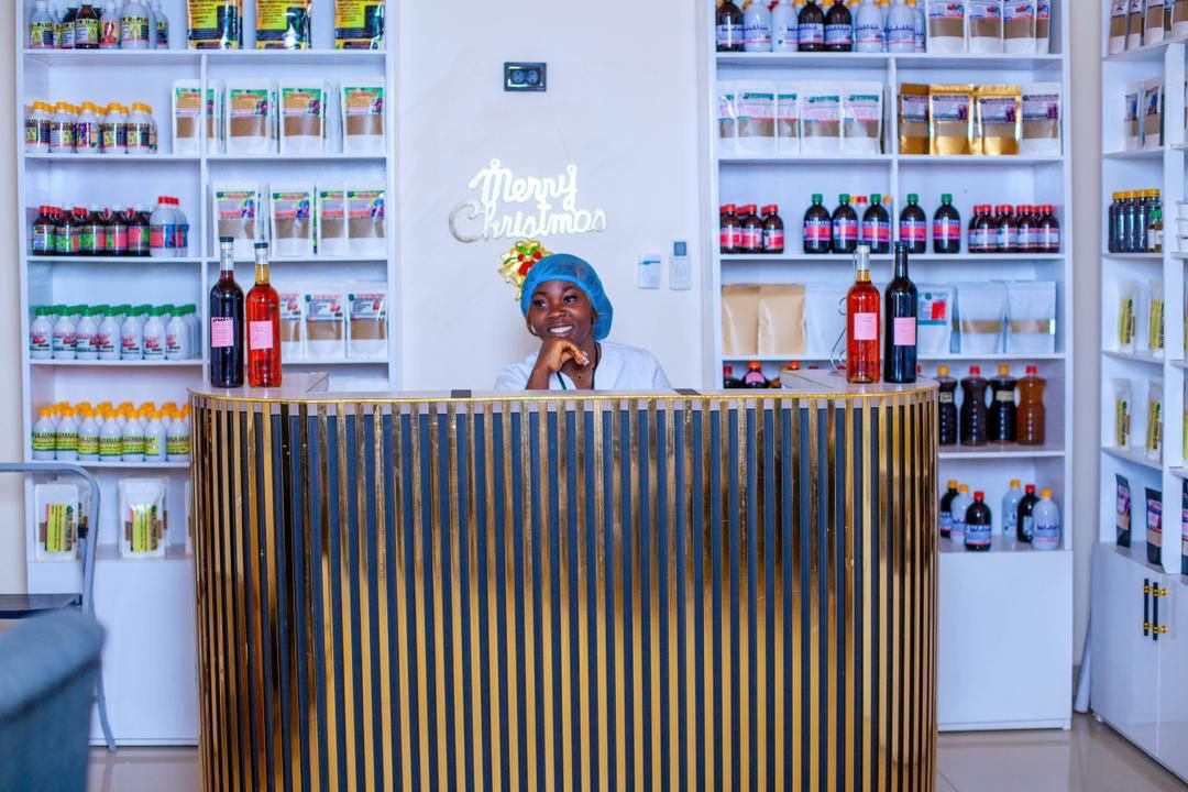 The S19 Herbal Clinic reception and product counter in Bafoussam